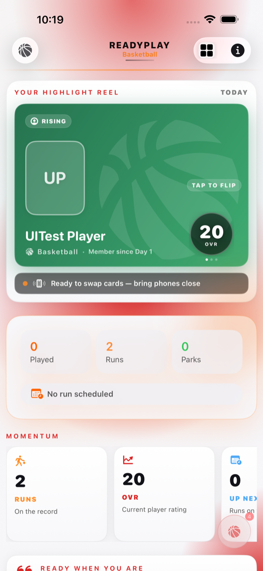READYPLAY home screen showing a player card, run status, record, and momentum