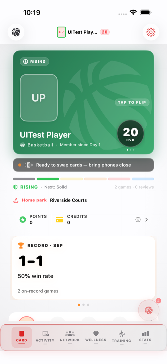 READYPLAY player profile with overall rating and verified performance record